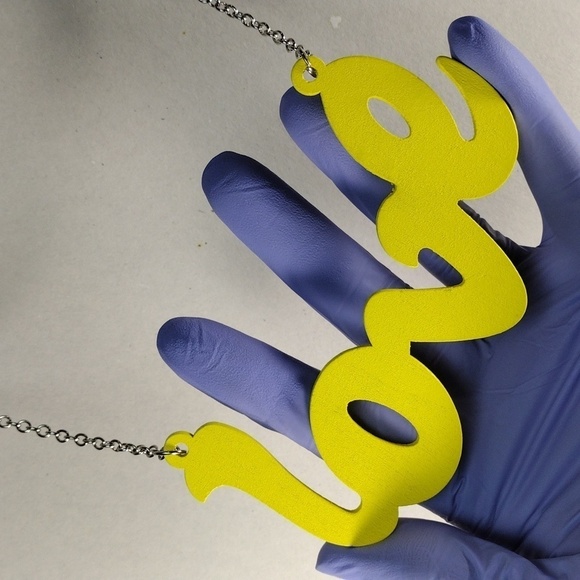 Women's Stunning Polished Silver tone Yellow " LOVE " Design Long Necklace - 34" - Picture 4 of 6